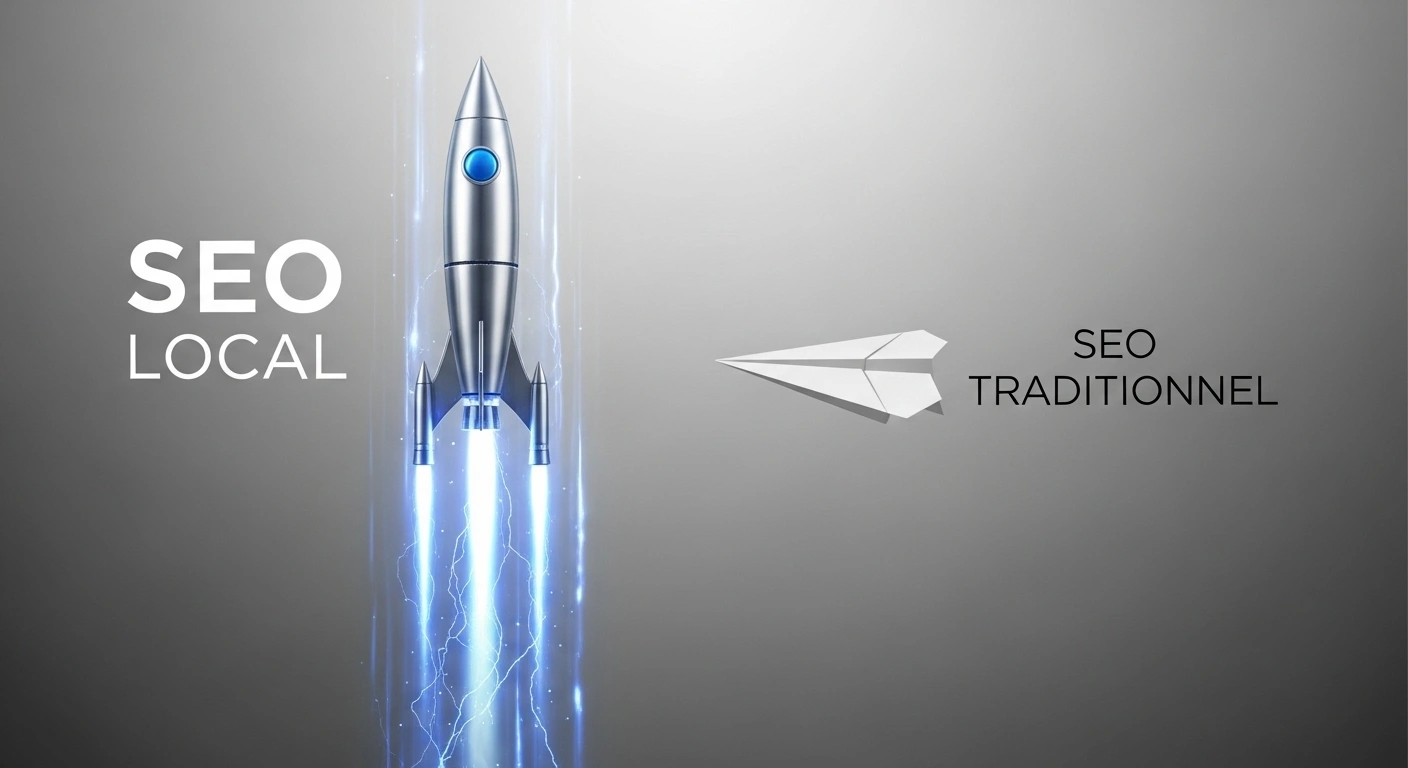 Fusée du SEO Local décollant rapidement à côté d'un avion en papier symbolisant le SEO traditionnel