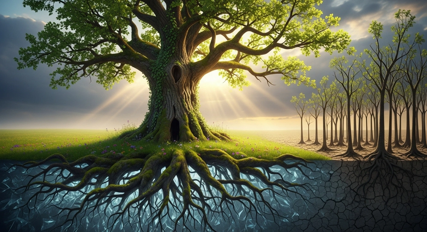 Illustration conceptuelle d'une racine d'arbre solide symbolisant un site one-page, comparée à de multiples racines fines.