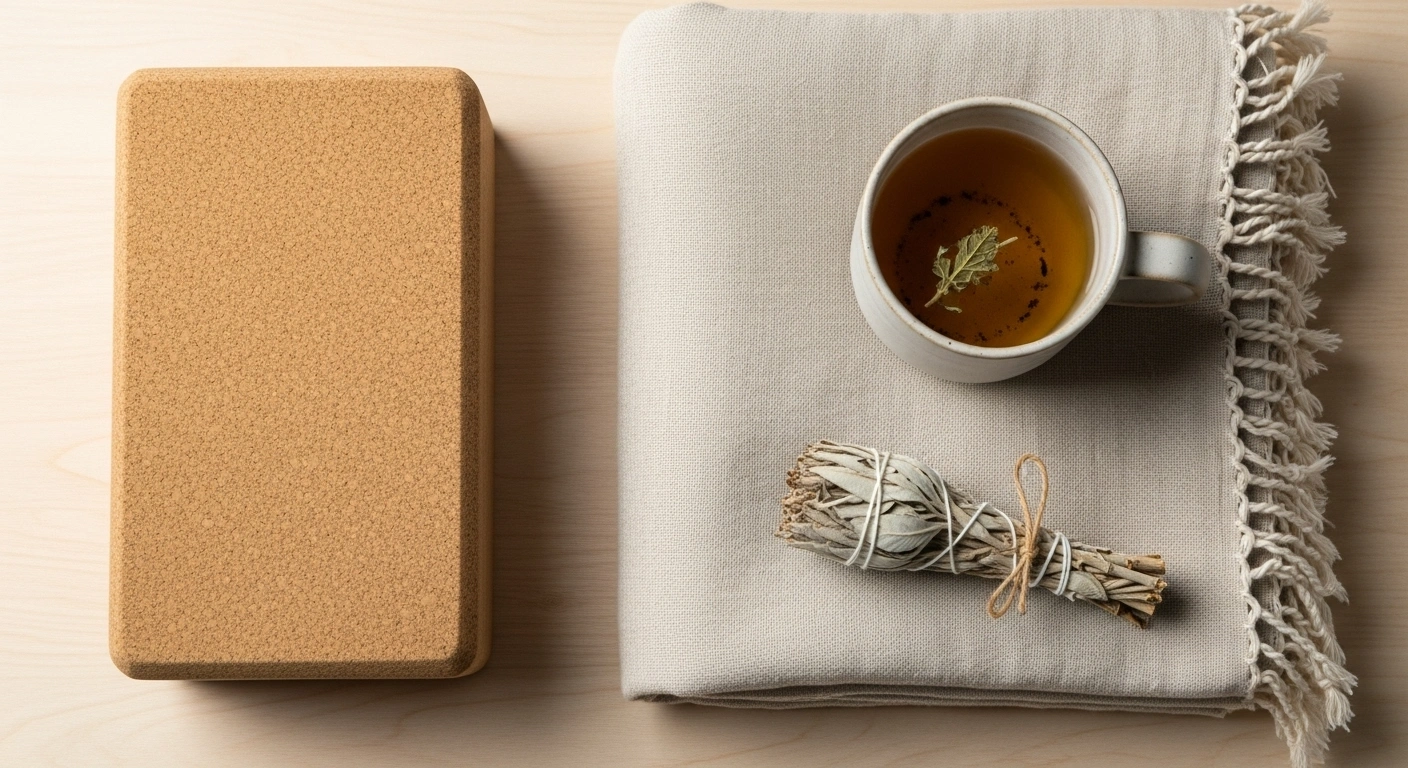 Détails d'ambiance zen avec bougie et plantes, représentant l'atmosphère d'un site de yoga.