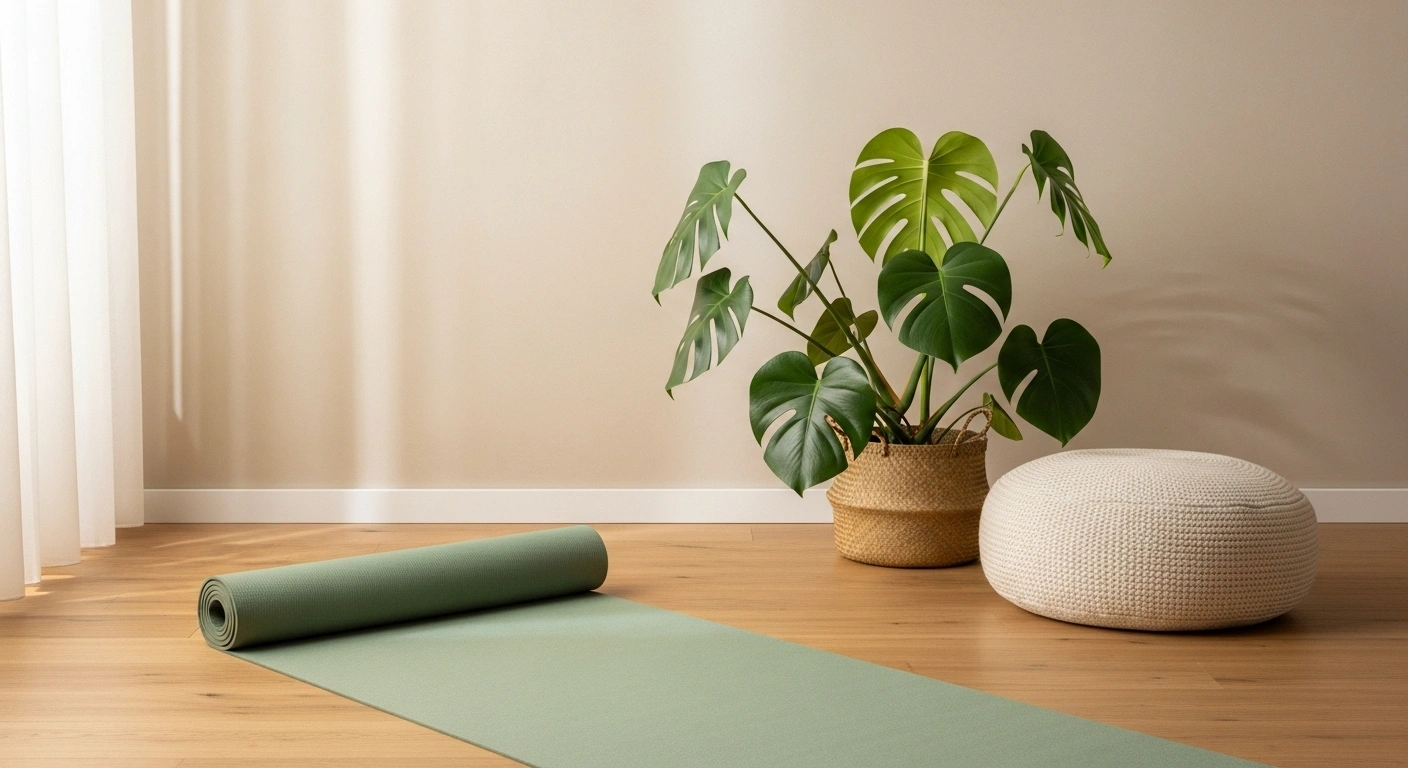 Studio de yoga serein avec un tapis déroulé, symbolisant un Shala virtuel accueillant
