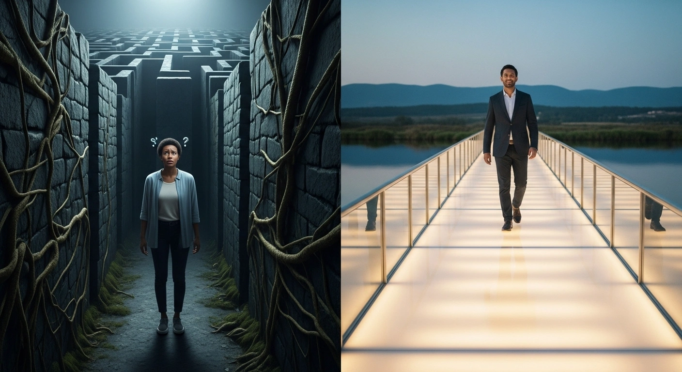 Comparaison entre un chemin compliqué (friction) et un chemin direct et simple (fluidité)