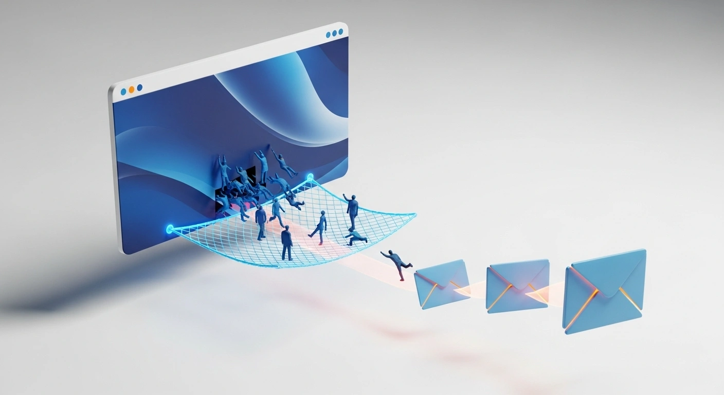 Illustration d'un site web où un filet de sécurité (lead magnet) capture des visiteurs pour les guider vers un tunnel email.