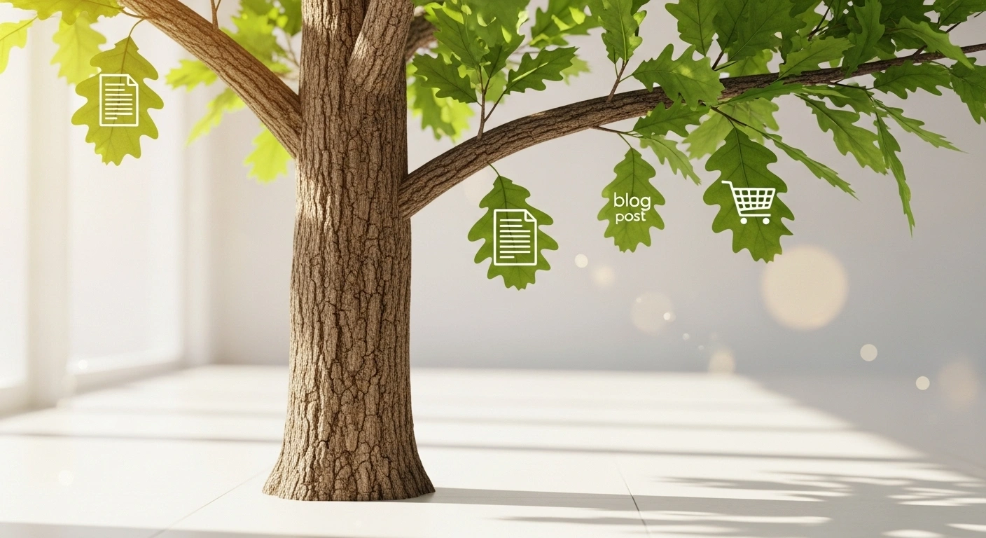 Tronc d'arbre solide symbolisant un Site Clarté, avec de nouvelles branches pour le blog et les offres