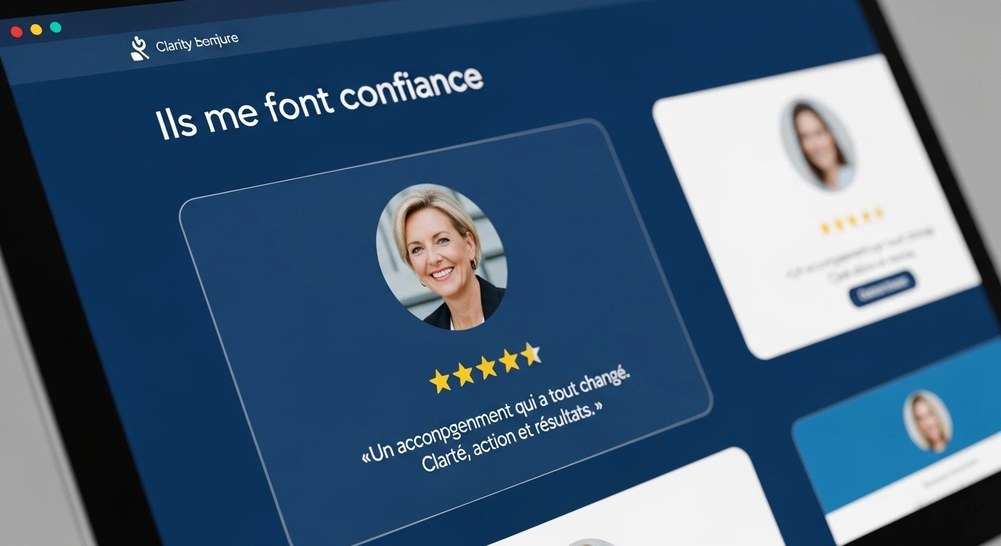 Gros plan sur la section témoignages d'un site web, utilisée comme preuve sociale lors d'un appel découverte.