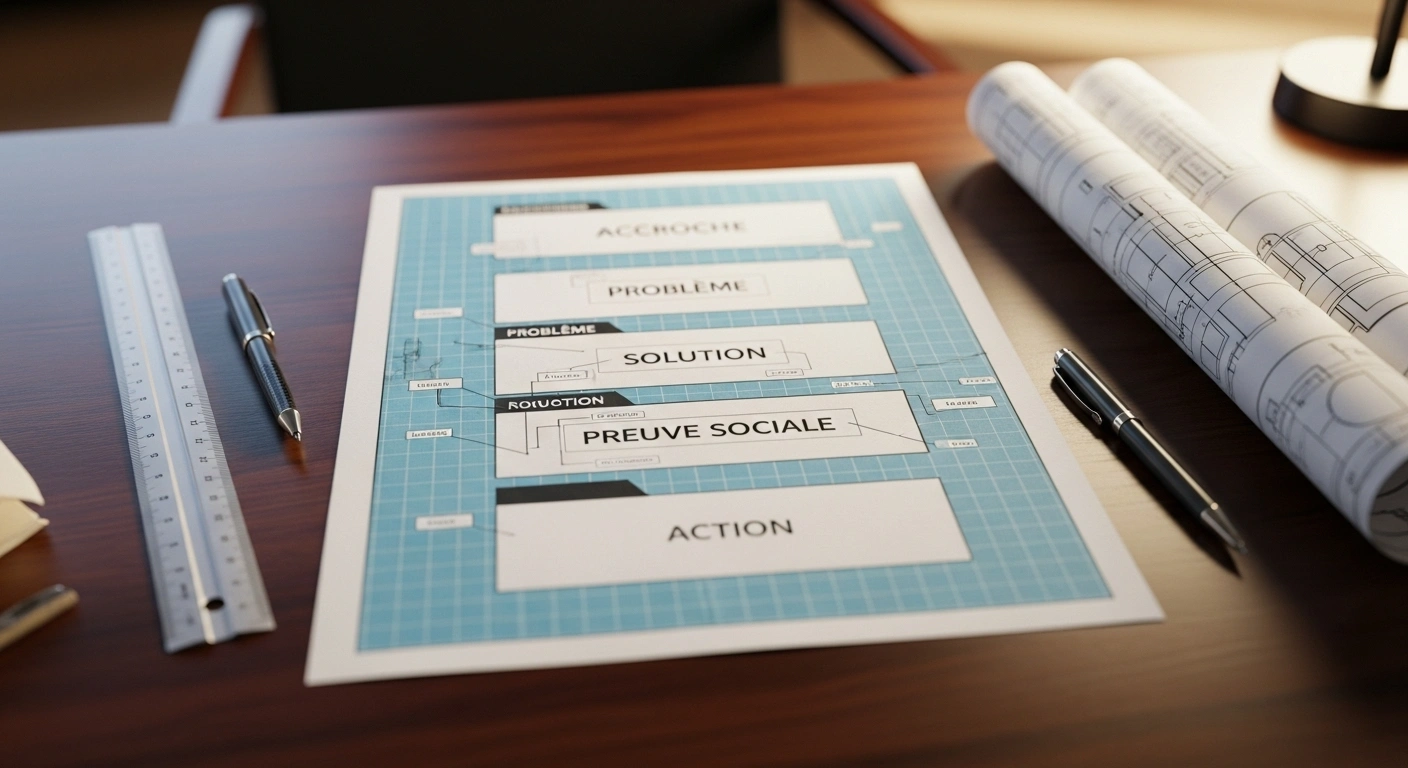 Illustration d'un plan d'architecte pour un site web, clair et structuré, symbolisant un récit qui convertit