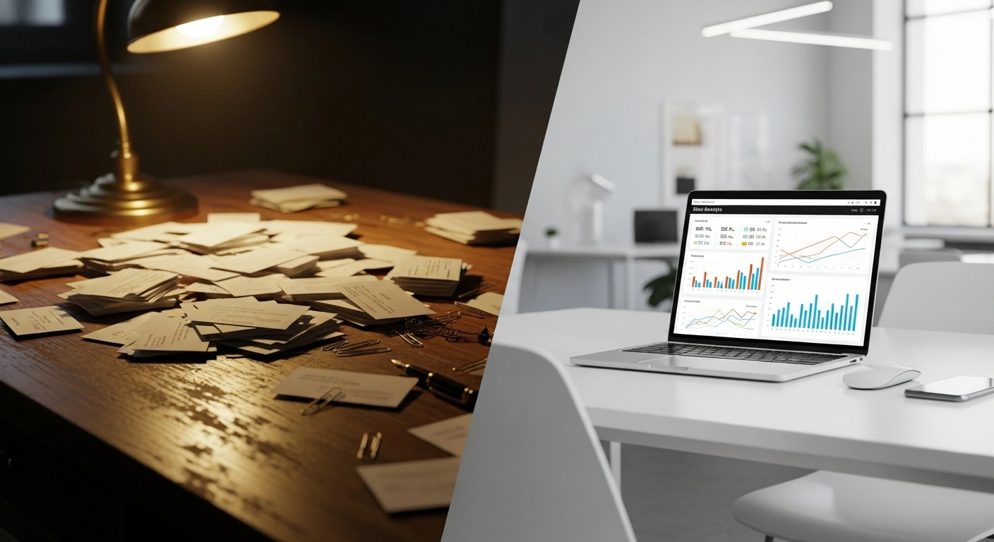 Comparaison entre une pile de cartes de visite et un graphique de croissance sur un ordinateur