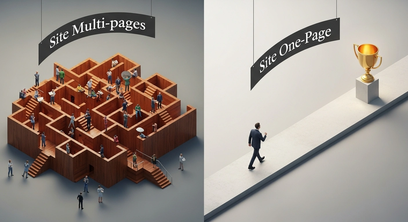 Comparaison entre un filet percé et un entonnoir efficace, symbolisant un site multi-pages vs un site one-page