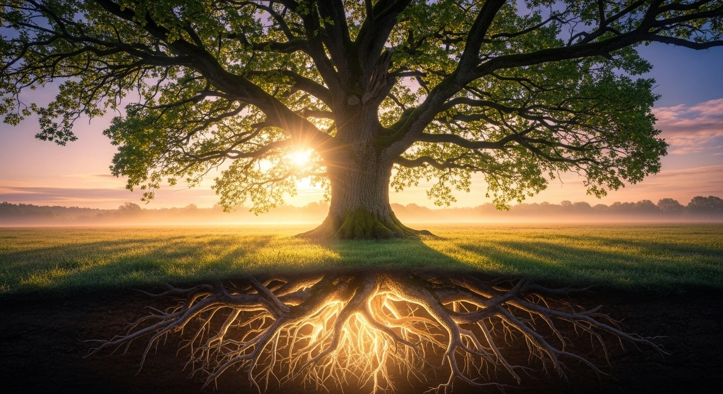 Arbre majestueux avec des racines profondes et visibles, symbolisant l'ancrage spirituel et professionnel.