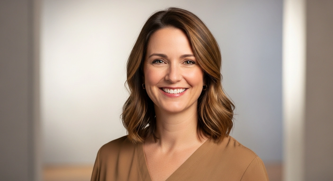 Portrait professionnel et chaleureux d'une praticienne souriant à la caméra, créant une connexion humaine.