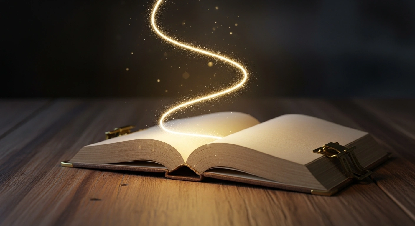 Un livre ancien s'ouvrant sur une page blanche, symbolisant le début d'une histoire de transformation.