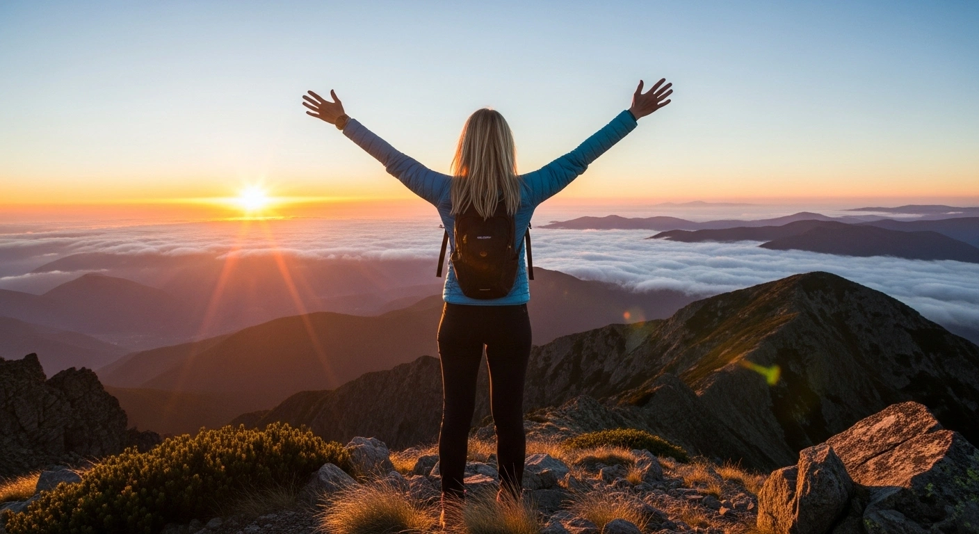 Personne regardant un horizon lumineux depuis un point de vue élevé, symbolisant la réussite de la transformation.