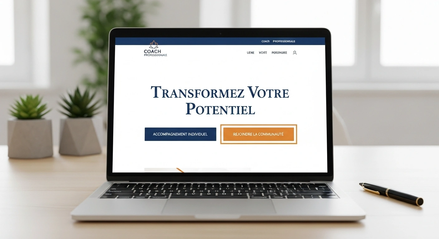 Maquette d'un site web pour coach montrant une structure claire qui guide les visiteurs vers le coaching individuel ou les programmes de groupe.