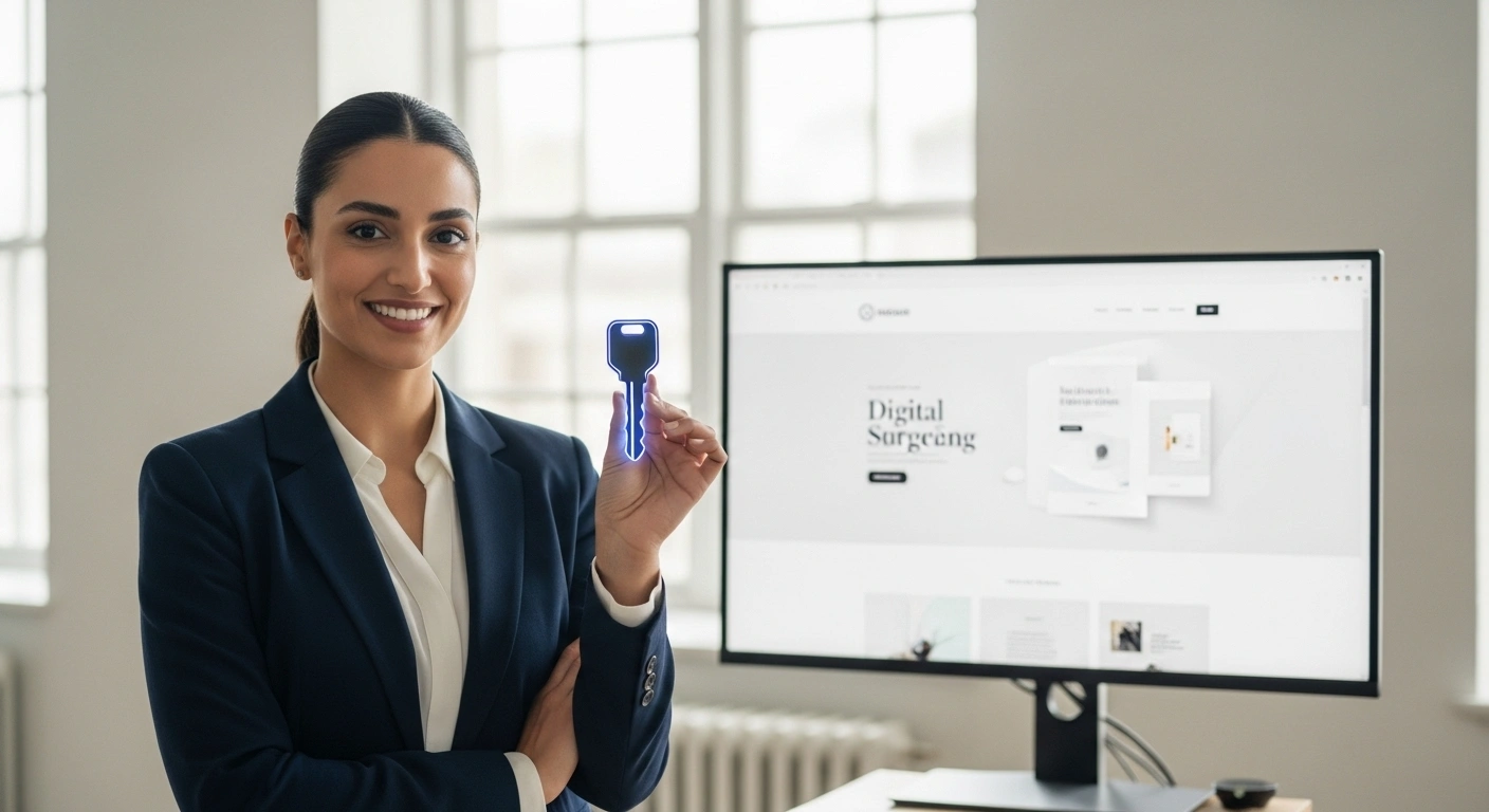 Personne tenant une clé devant son site web, symbolisant l'autonomie et l'accès facile