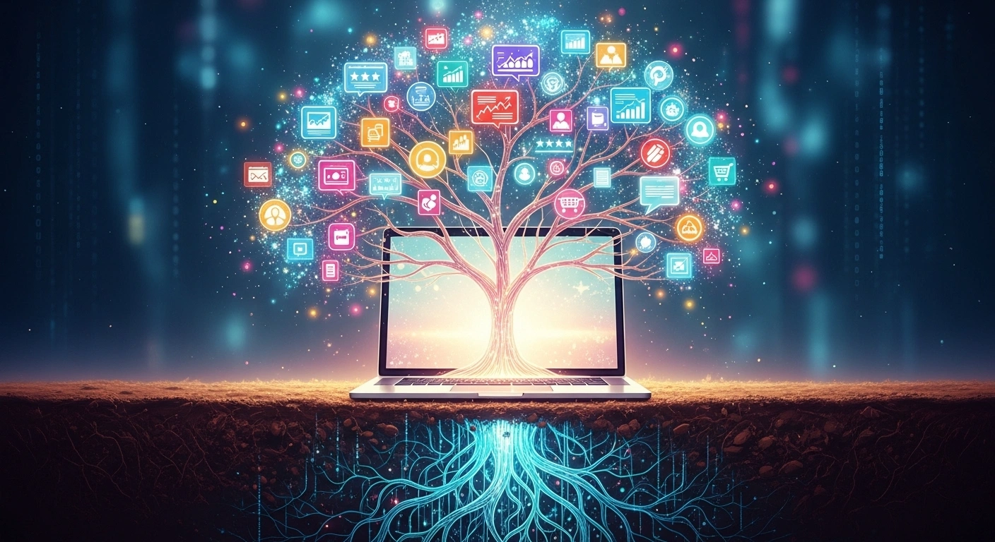 Schéma d'un site web au centre d'un écosystème digital, connecté aux réseaux sociaux, à l'emailing et à la prise de rendez-vous