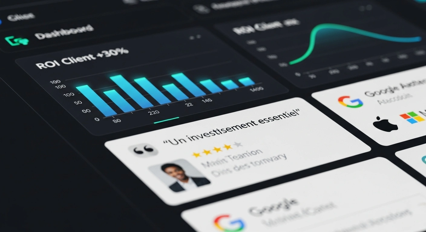 Composition visuelle d'un site web affichant des graphiques de ROI, des témoignages clients et des logos, représentant la preuve sociale.