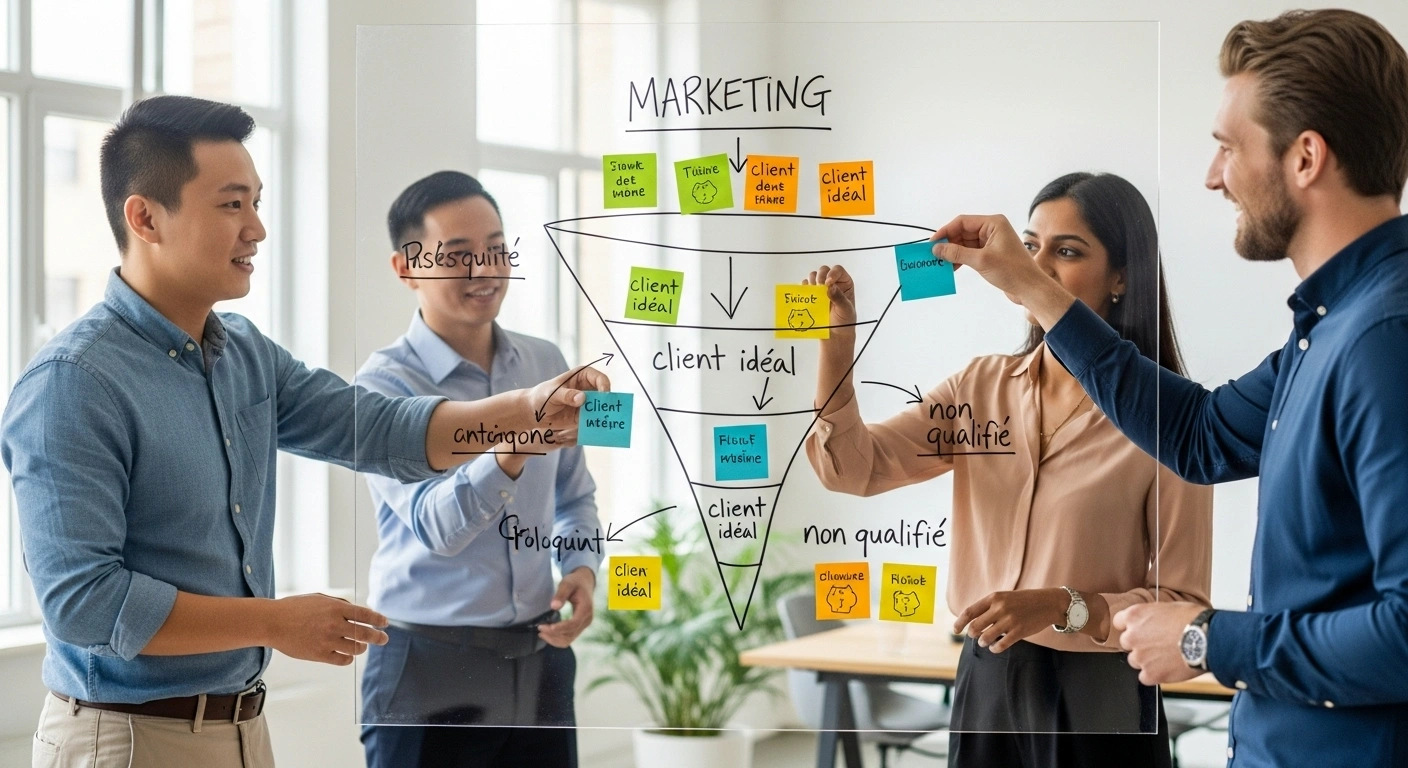 Entonnoir conceptuel filtrant les prospects qualifiés et écartant les autres, symbolisant un site web clair