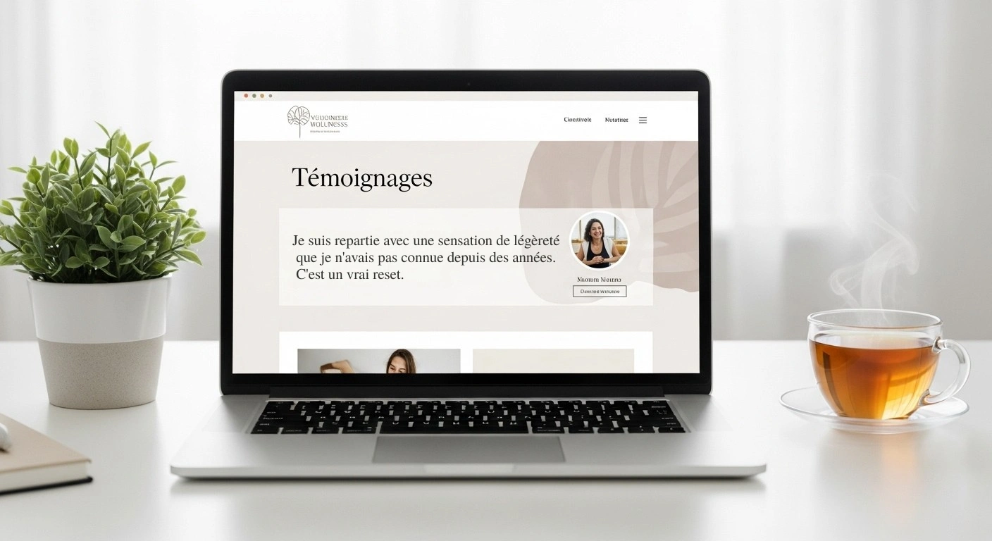 Mockup de site web affichant un témoignage client élogieux, renforçant la crédibilité.