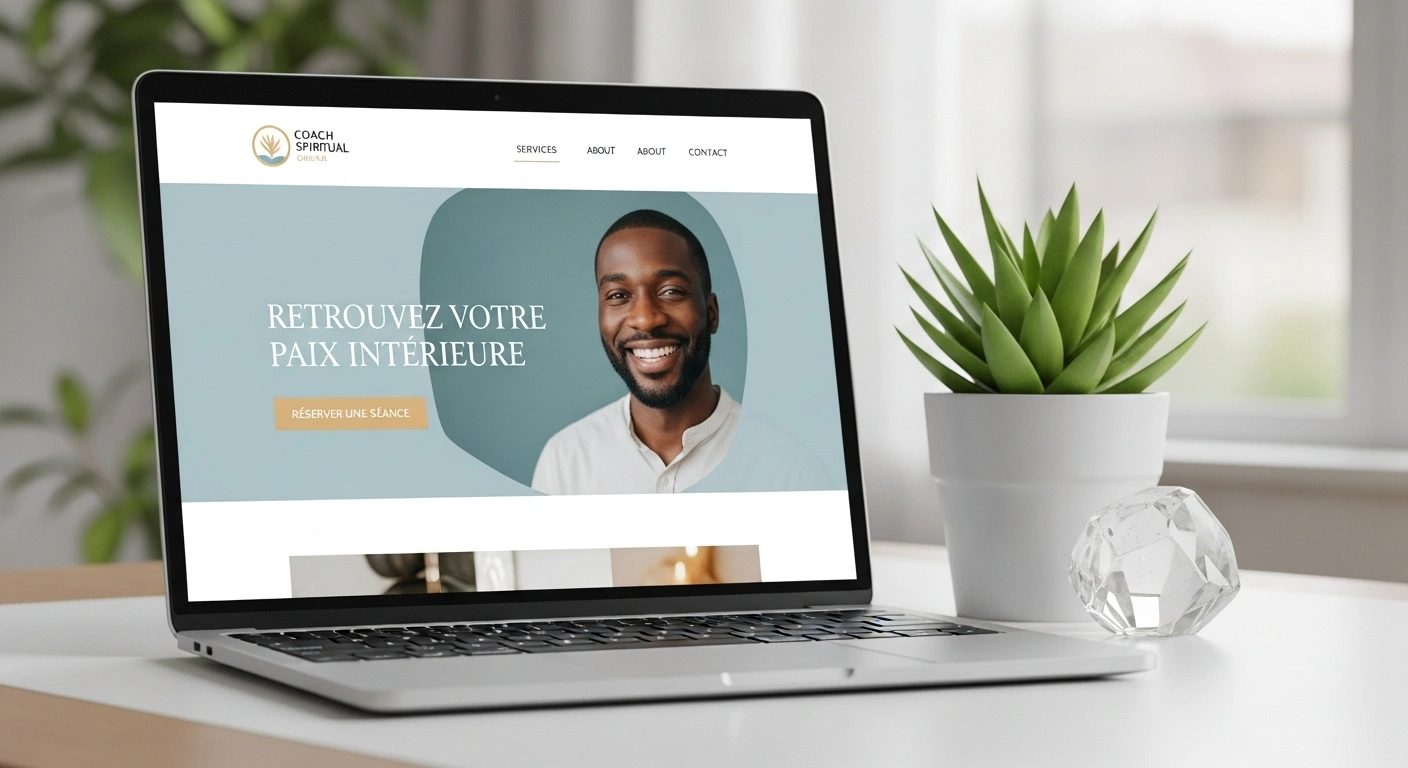 Maquette d'un site web pour praticien spirituel, épuré et apaisant, représentant un temple virtuel.