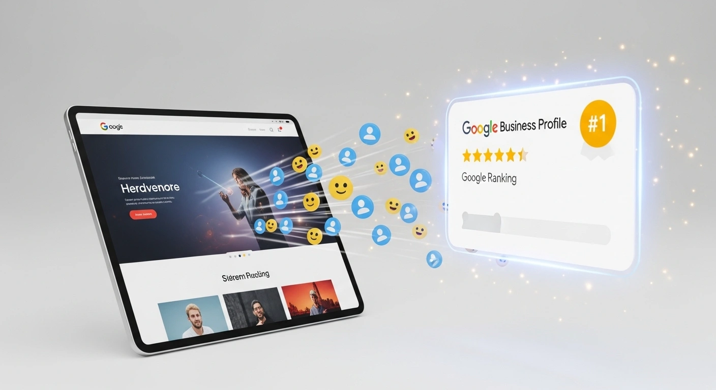 Maquette d'un site web clair et engageant, avec une flèche indiquant une fiche d'établissement Google bien classée, montrant la synergie.