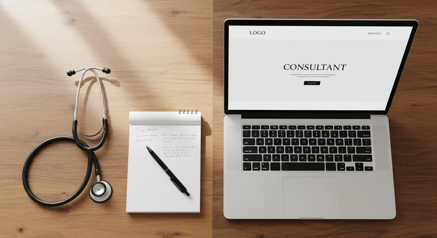 Comparaison entre un médecin en blouse et un site web sur un ordinateur, symbolisant l'uniforme digital