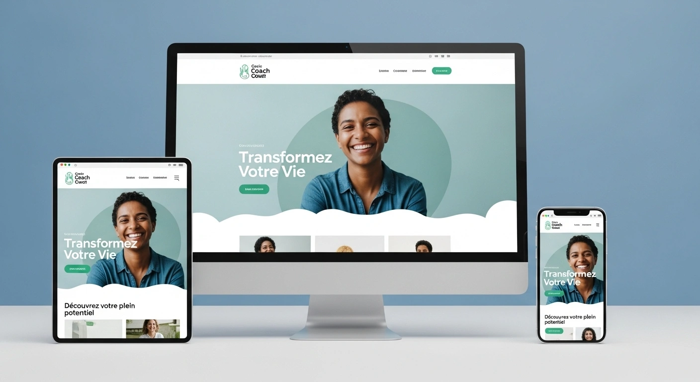 Site web de coaching affiché de manière impeccable sur un ordinateur, une tablette et un smartphone côte à côte.