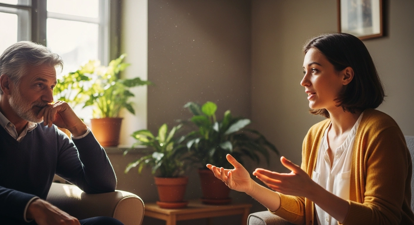 Deux personnes engagées dans une conversation profonde et confiante, illustrant la connexion humaine.