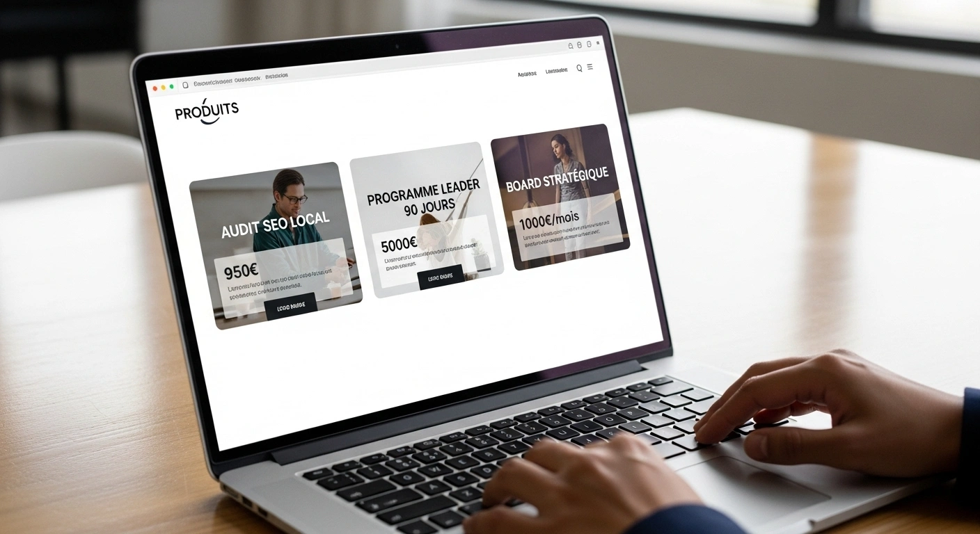 Maquette de site web présentant des offres de services packagées comme des produits dans une boutique.