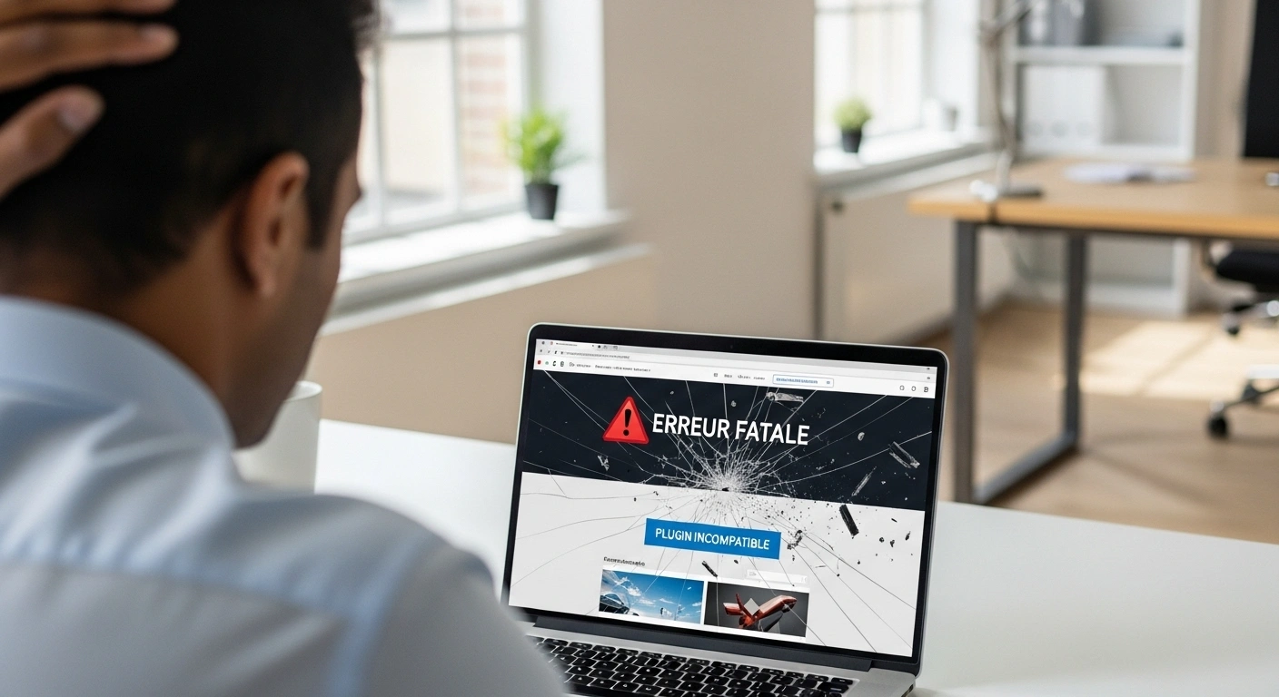 Écran d'ordinateur montrant un site web cassé avec des messages d'erreur.