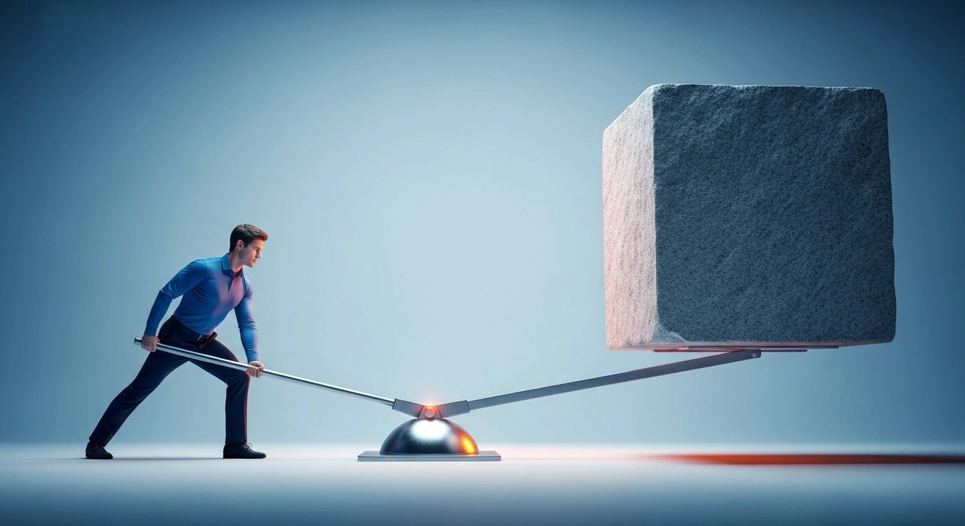 Concept du principe de Pareto 80/20 avec un grand levier soulevant un poids, symbolisant un effort minimal pour un résultat maximal.