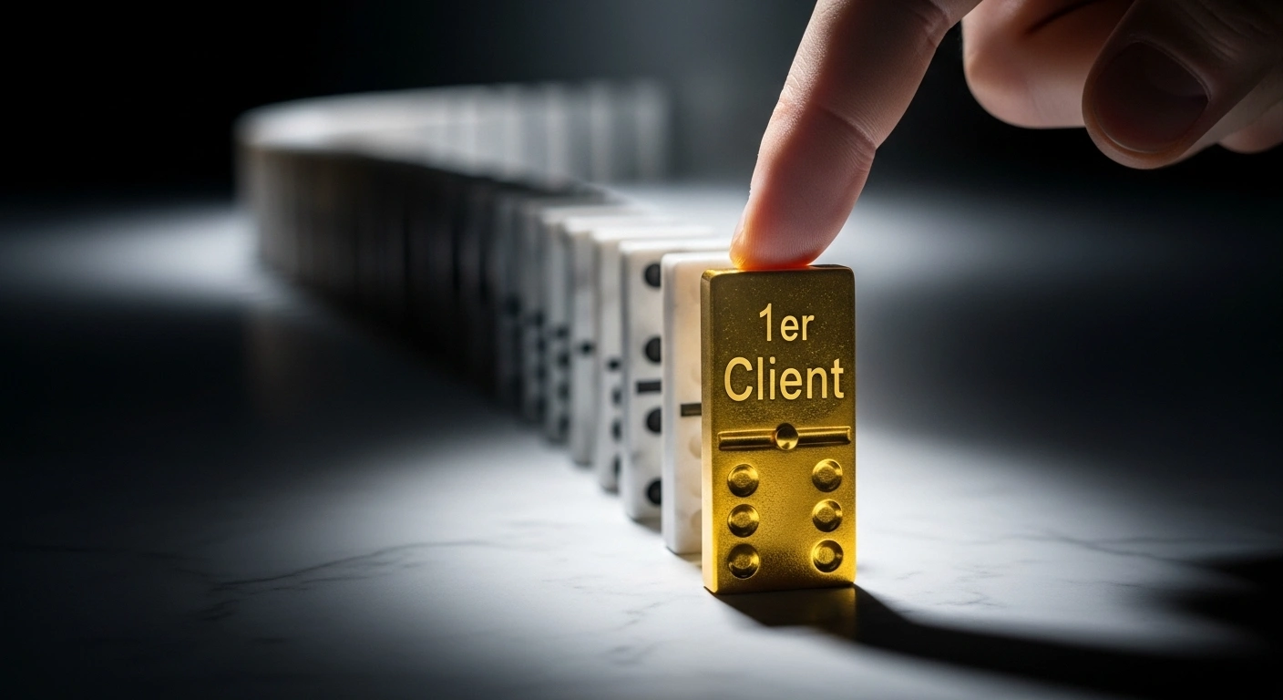 Un seul domino sur le point de tomber, illustrant la stratégie de l'objectif unique.