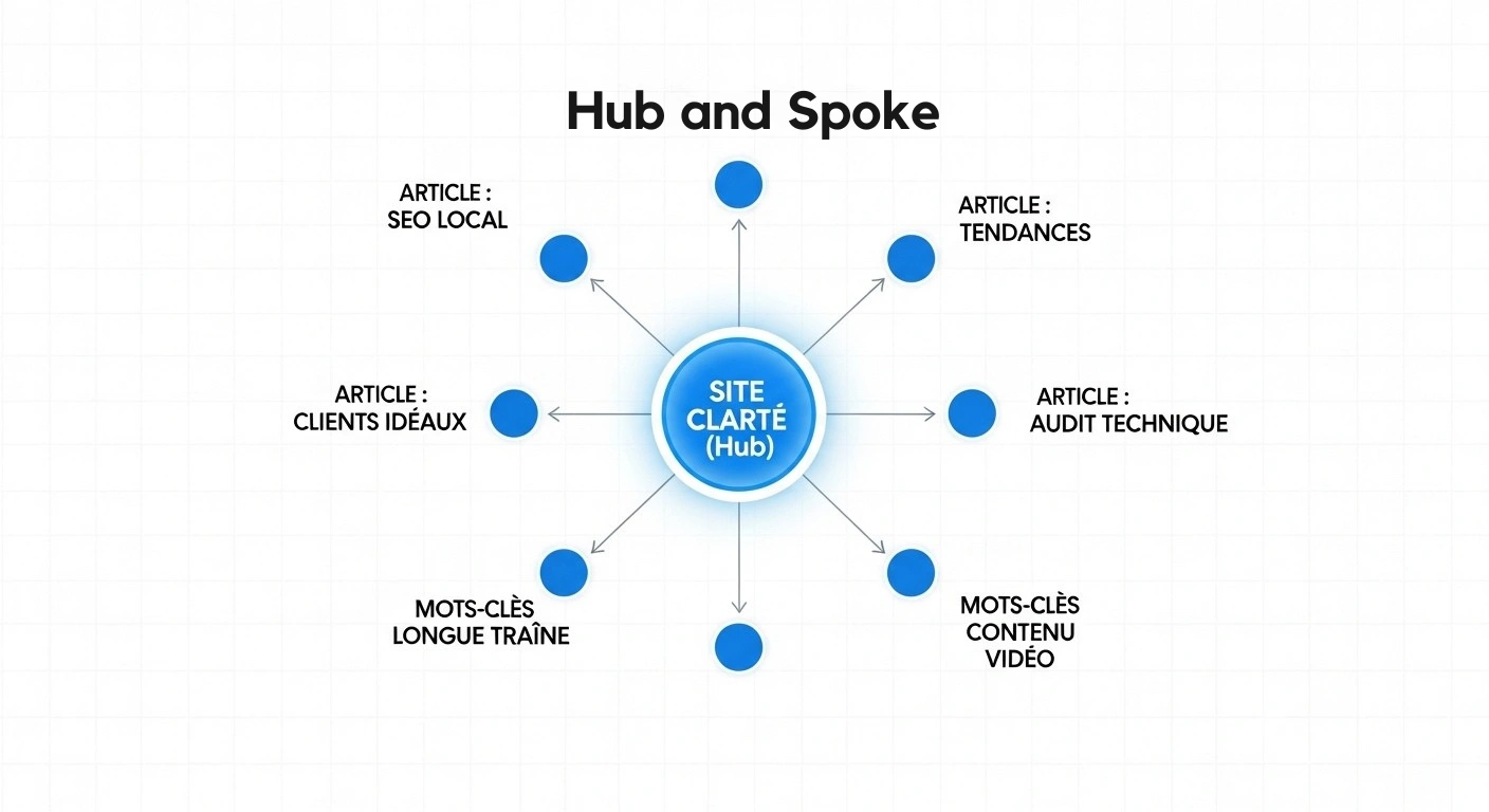 Diagramme illustrant la stratégie SEO Hub and Spoke avec le site one-page au centre