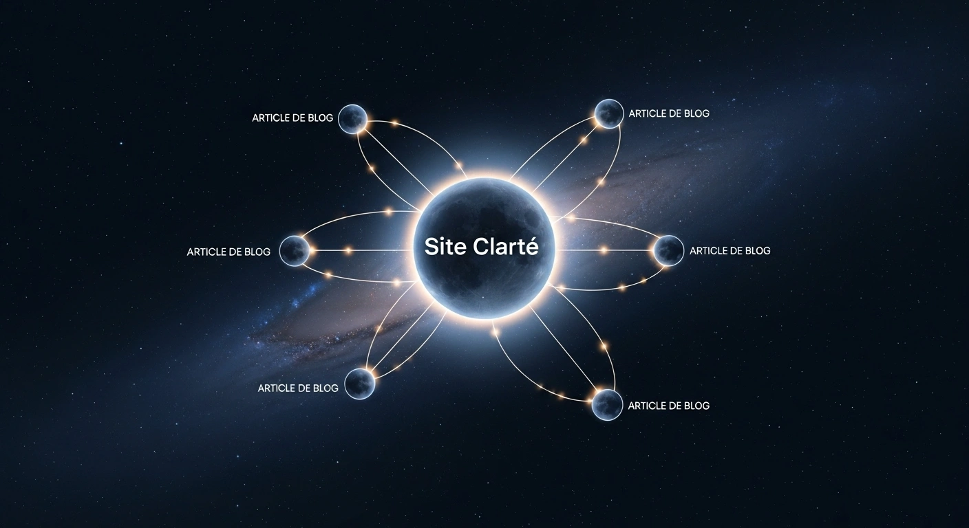 Diagramme expliquant le modèle SEO 'Hub and Spoke' avec le Site Clarté comme page centrale.