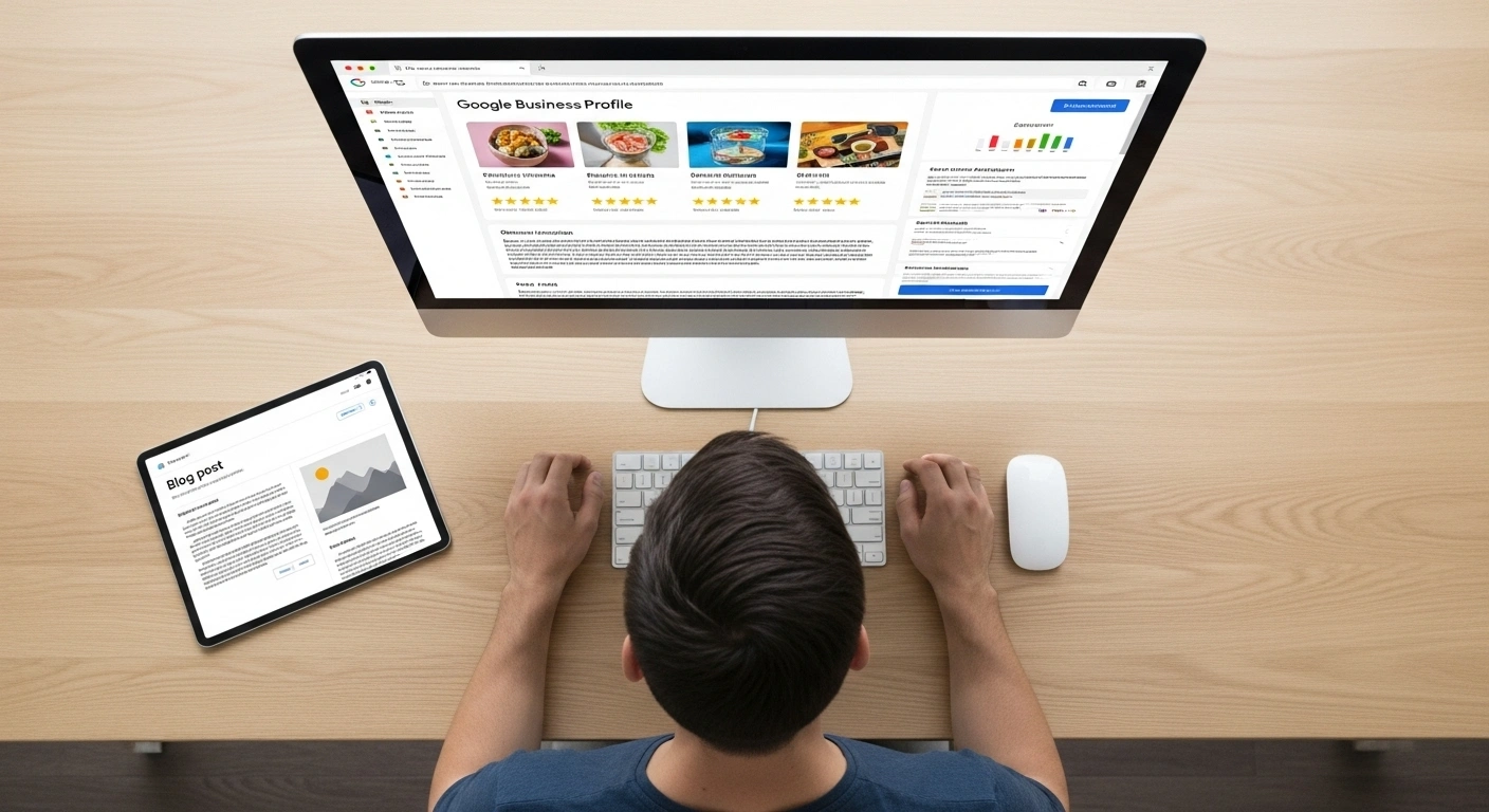 Schéma de la stratégie 80/20 montrant 80% des efforts sur le SEO local (Fiche Google) et 20% sur le SEO traditionnel (Blog)