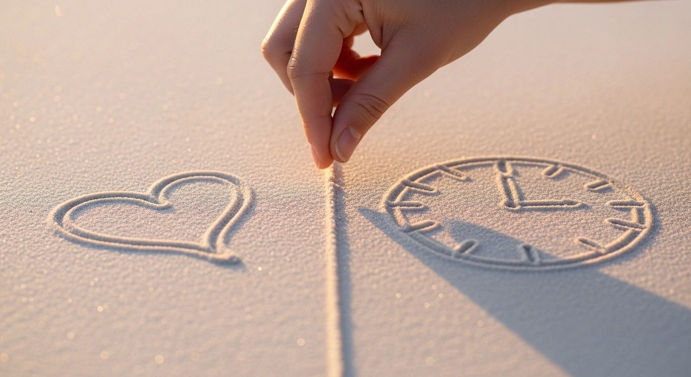 Main traçant une ligne dans le sable, séparant un cœur d'une horloge, symbolisant l'équilibre entre empathie et cadre professionnel.
