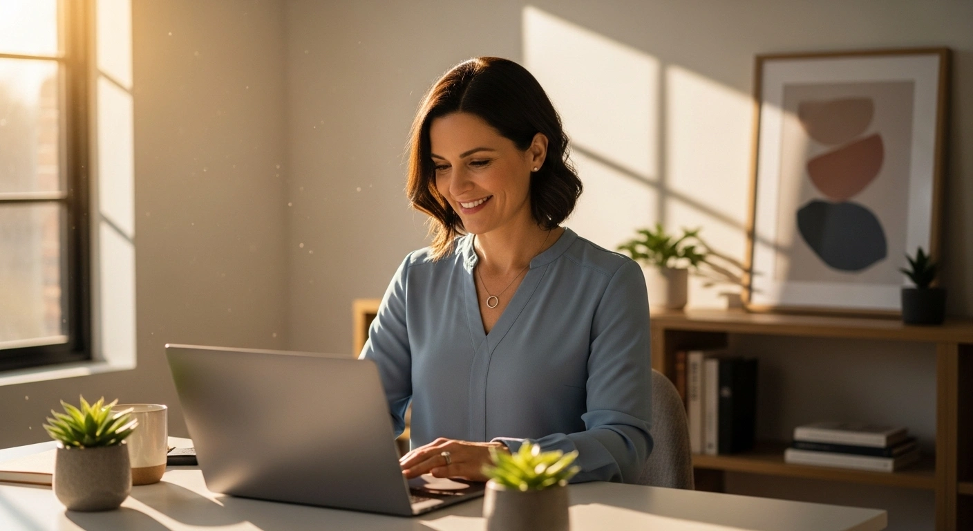 Thérapeute souriant sereinement dans son cabinet, symbolisant une pratique saine et équilibrée.