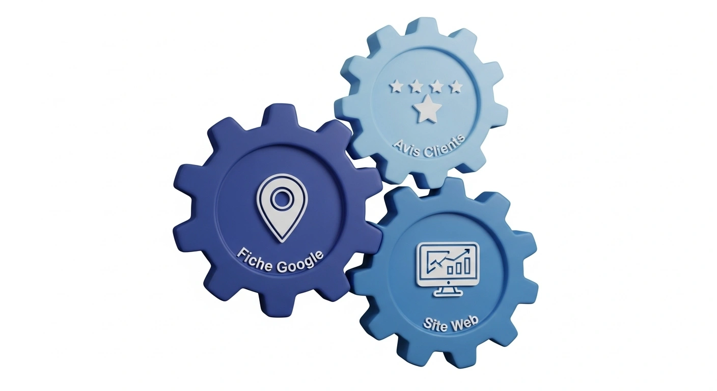 Diagramme montrant la synergie entre une Fiche Google Business, les avis clients et un site web professionnel.