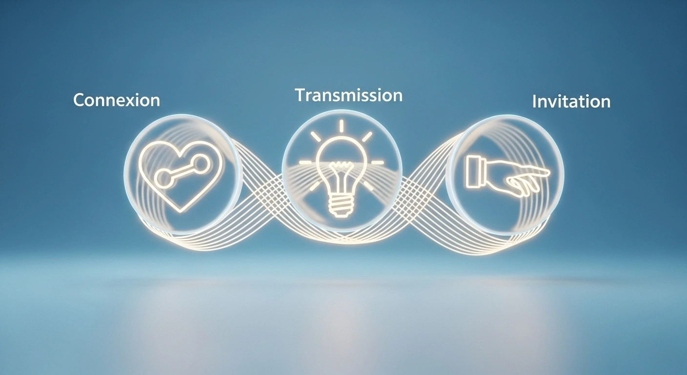 Diagramme cyclique illustrant le système des 3 emails : Connexion (cœur), Transmission (ampoule), Invitation (main tendue).