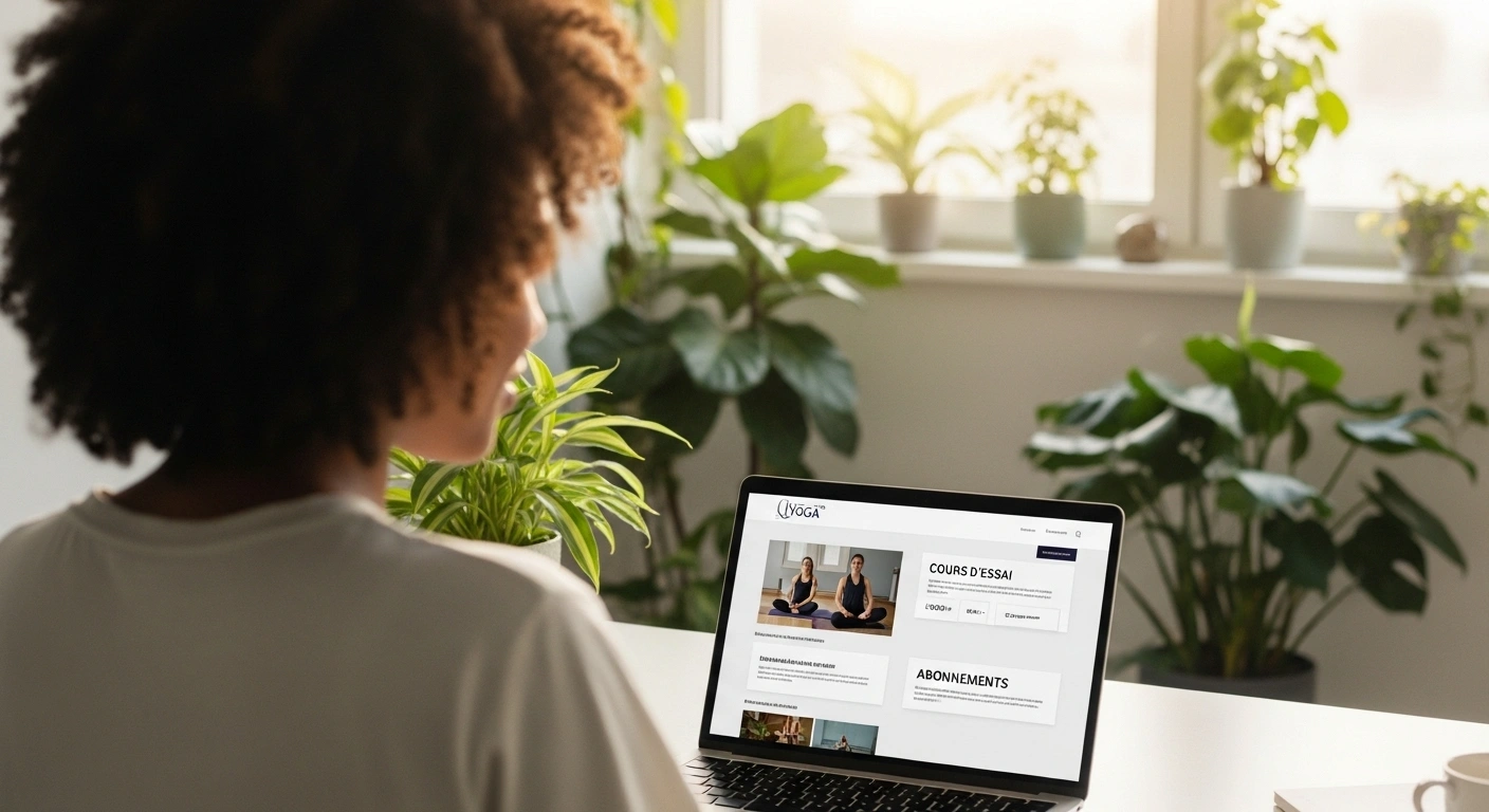 Carte de tarifs de yoga posée sur un bureau en bois à côté d'une plante