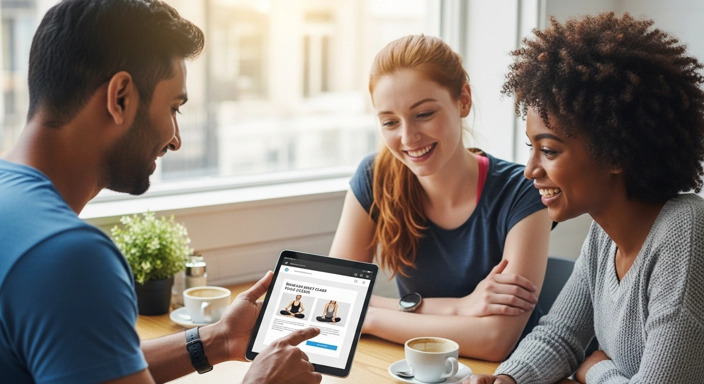 Élève de yoga réservant sereinement un cours sur une tablette, montrant une expérience utilisateur fluide.