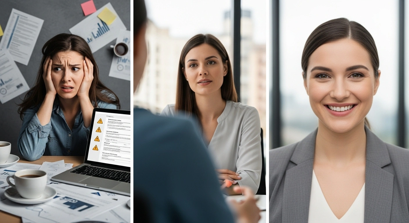 Une structure en trois actes : Avant, Pendant, Après, illustrant l'anatomie d'un témoignage client efficace.