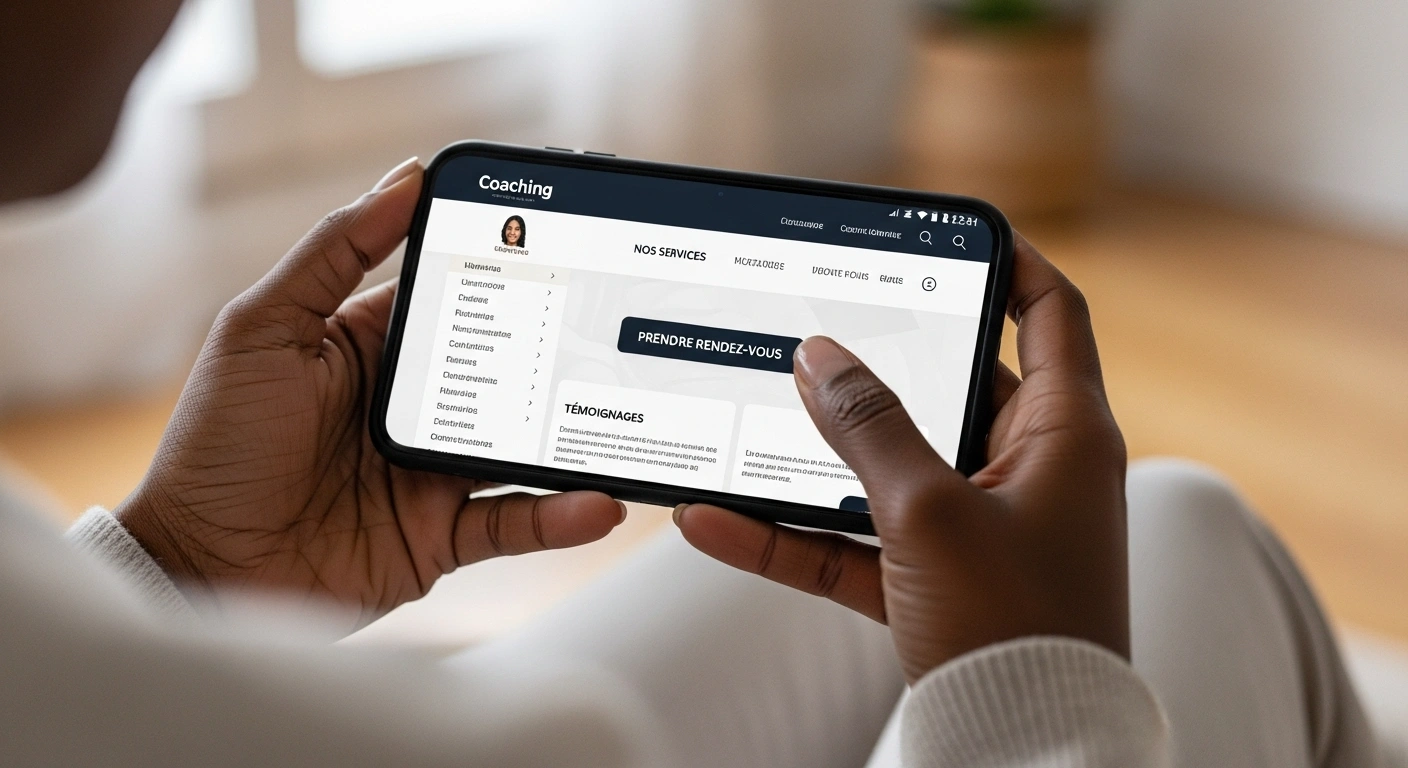 Main tenant un smartphone pour tester l'ergonomie et la lisibilité d'un site web.