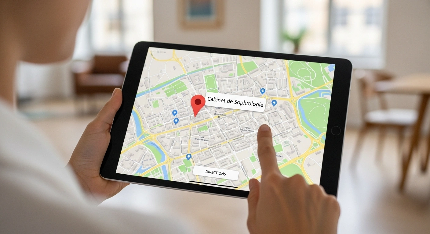 Illustration du SEO local : un praticien bien-être apparaissant sur une carte de sa ville.