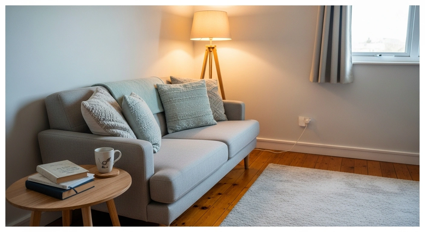 Photo authentique d'un cabinet de thérapeute avec un fauteuil accueillant et une lumière douce.