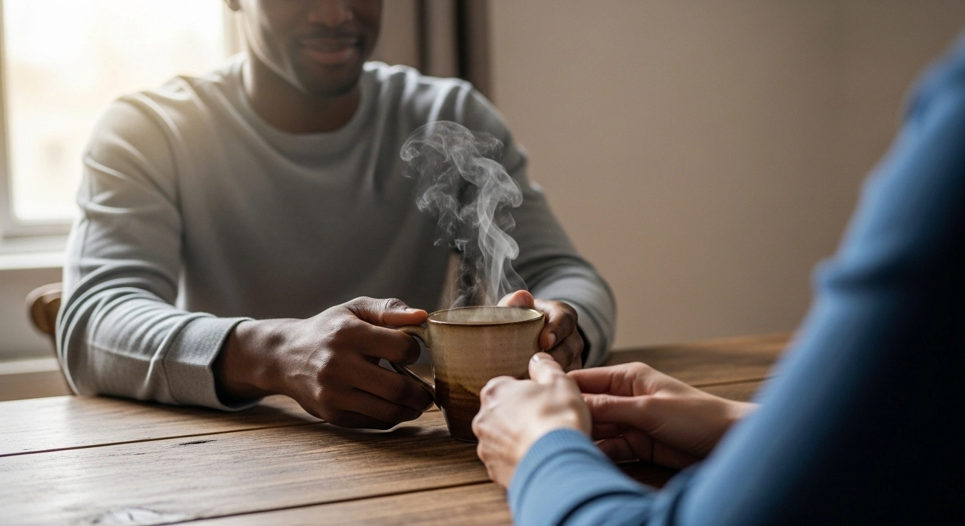 Tasse de tisane fumante sur une table en bois, évoquant une conversation chaleureuse et une connexion humaine.