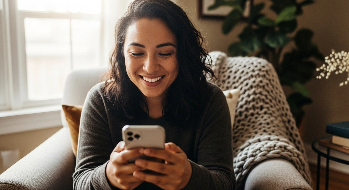 Une personne souriante lisant un email sur son téléphone, symbolisant une connexion positive