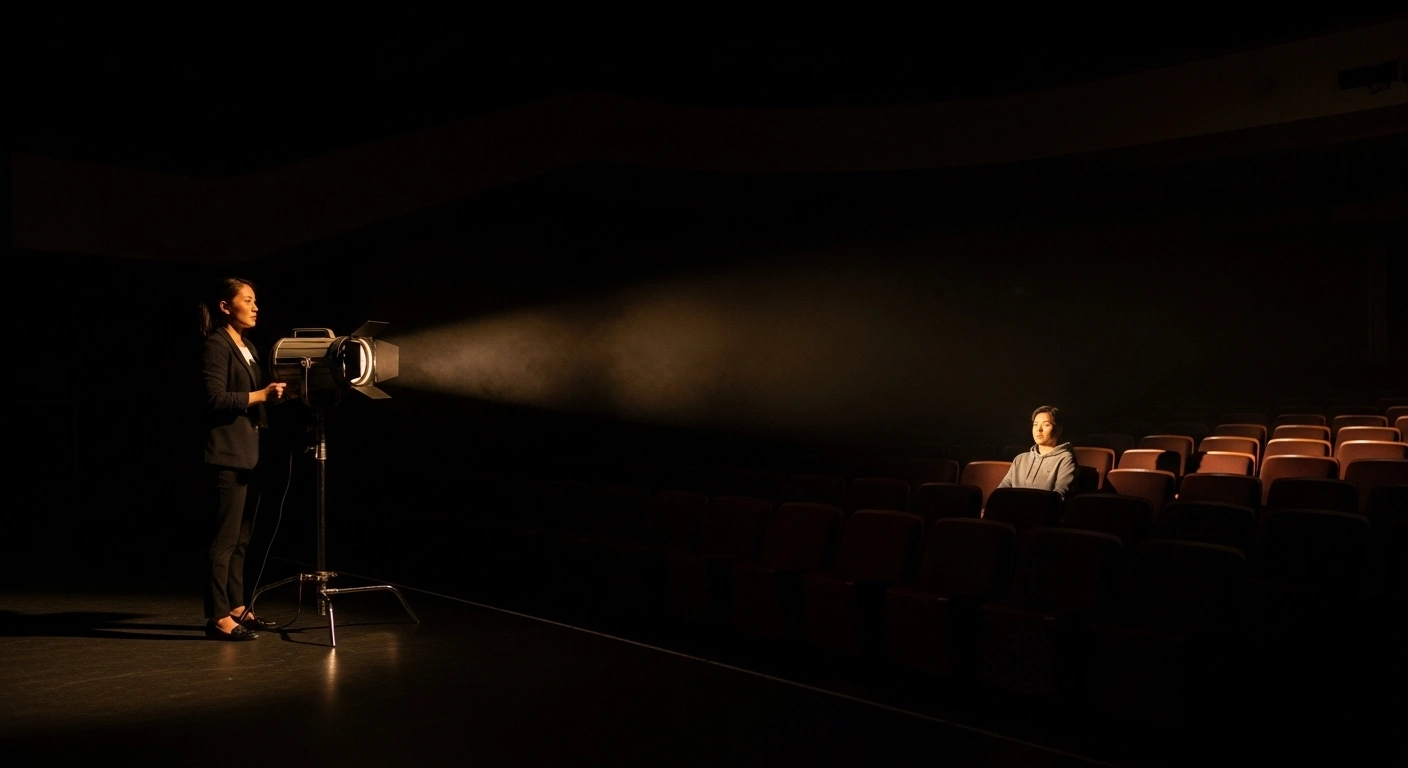 Une coach regardant à travers des jumelles, symbolisant la recherche ciblée de son client de cœur.