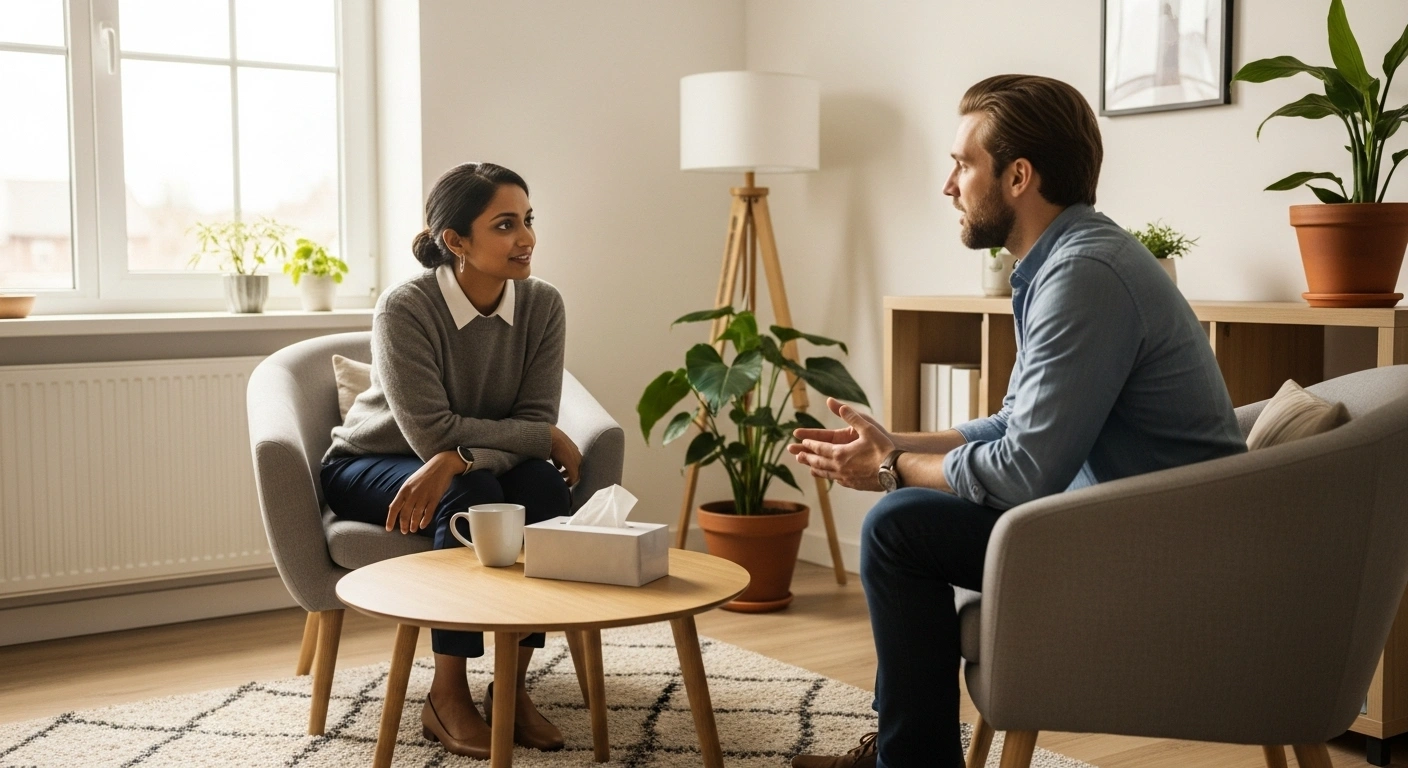 Une thérapeute écoutant avec une profonde empathie son client, illustrant la connexion humaine que l'IA ne peut remplacer.