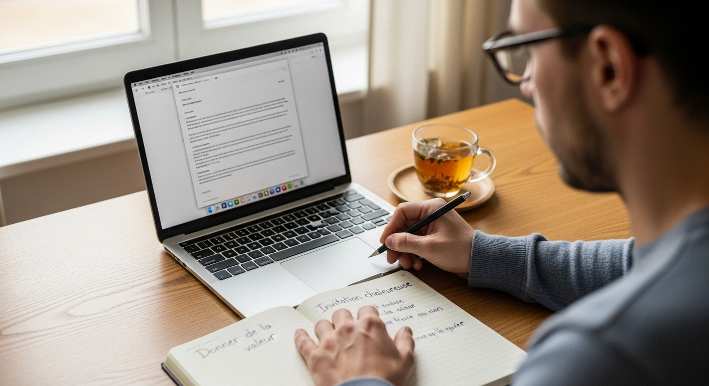 Personne écrivant des emails de manière réfléchie et bienveillante pour son lancement.