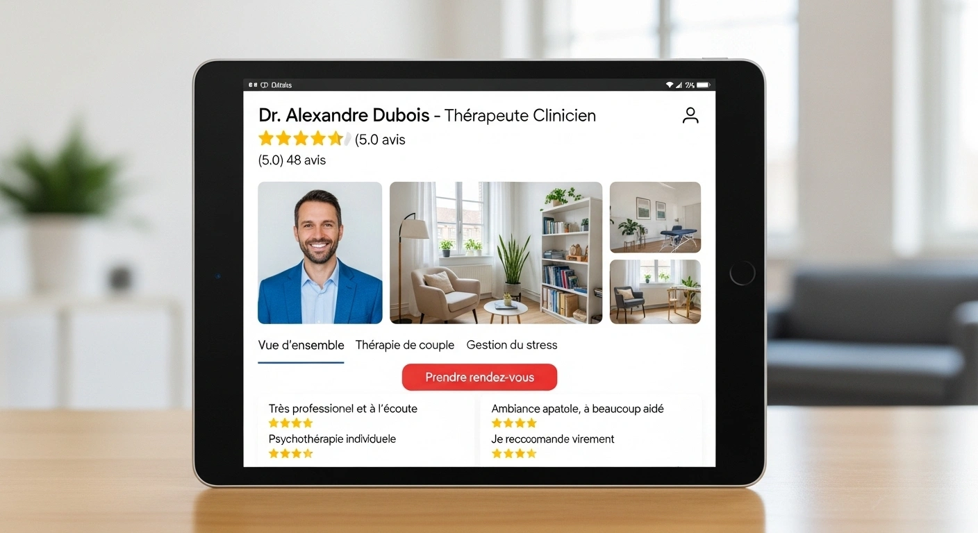 Illustration d'une fiche d'établissement Google Business bien optimisée pour un thérapeute, symbolisant le Pack Local.
