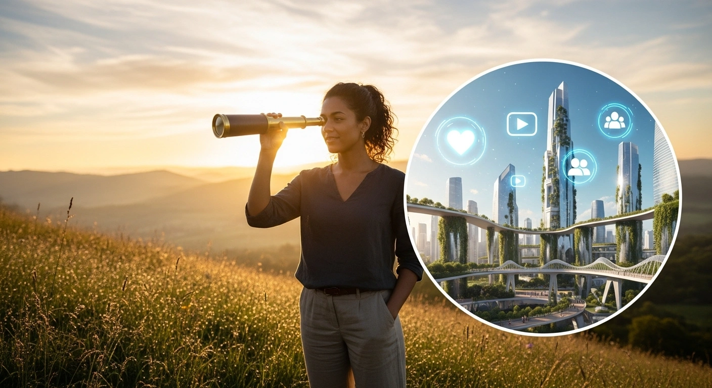 Thérapeute regardant vers un horizon digital symbolisant les tendances marketing futures